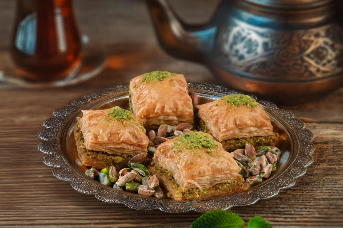Pistachio Baklava from Zmzm Sweets – layered flaky pastry with crushed pistachios and sweet syrup.