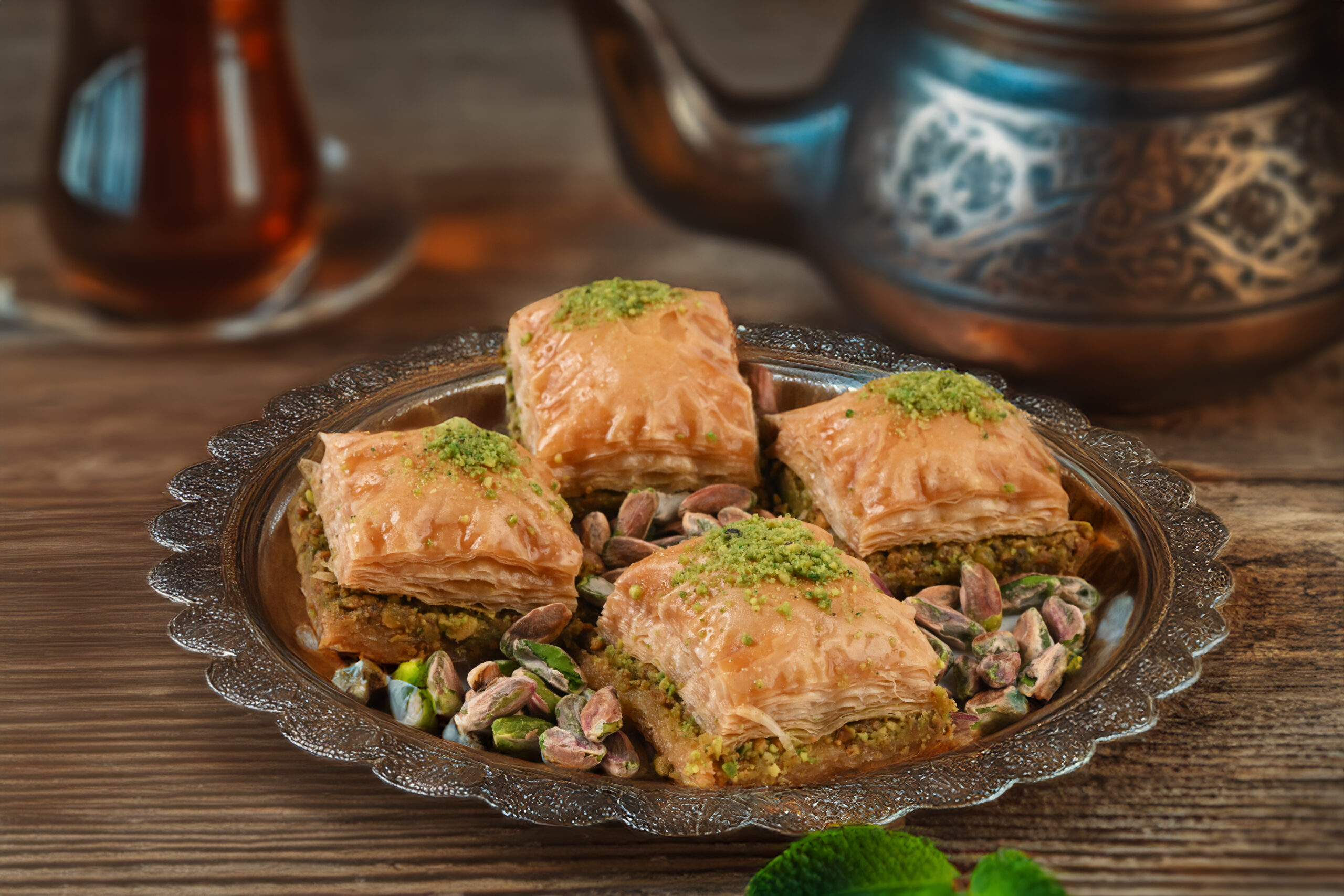 Pistachio Baklava from Zmzm Sweets – layered flaky pastry with crushed pistachios and sweet syrup.