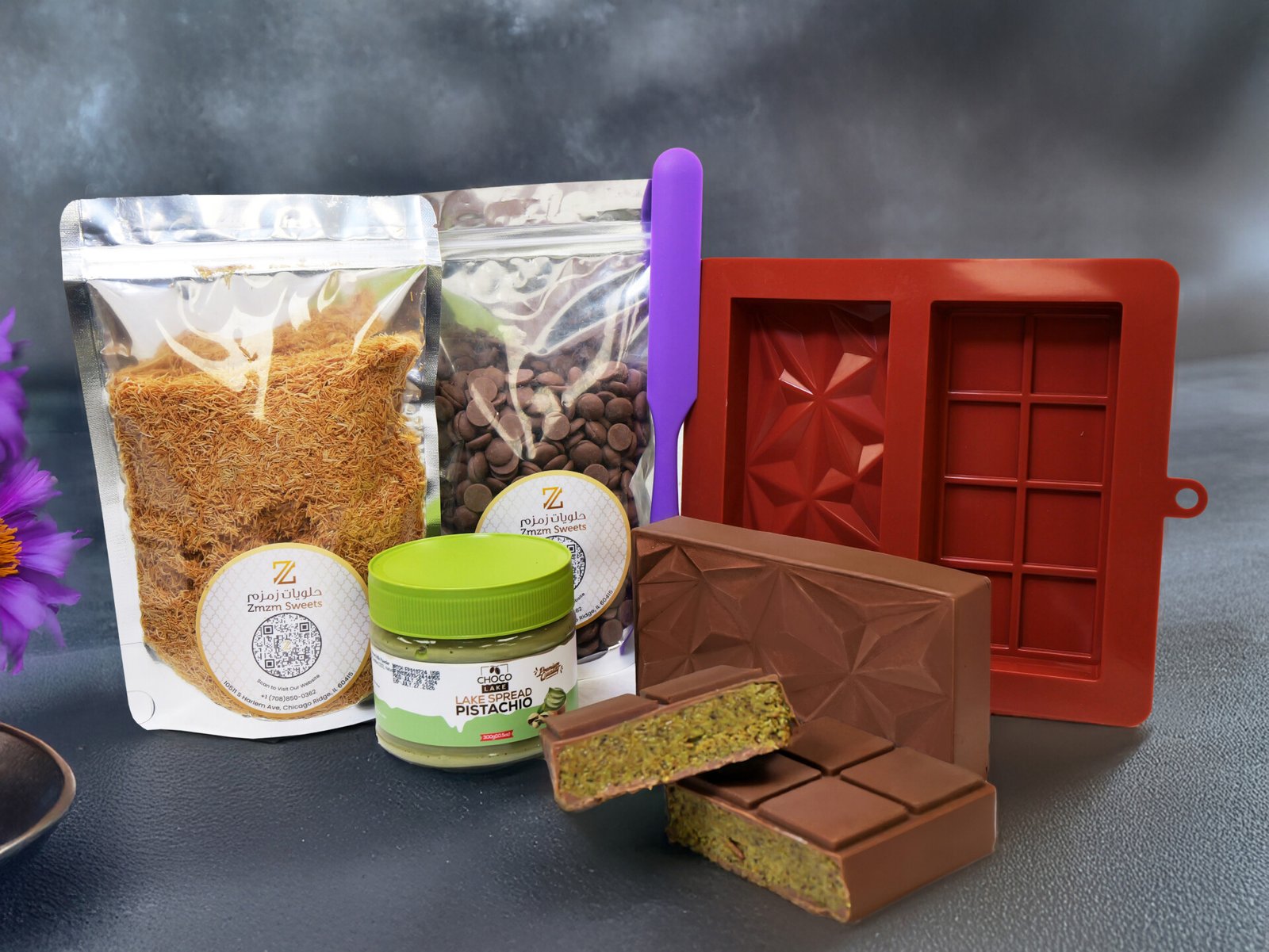 Make Dubai Chocolate Knafeh at home with Zmzm Sweets’ kit including fresh kanufa dough, chocolate molds, and pistachio sauce